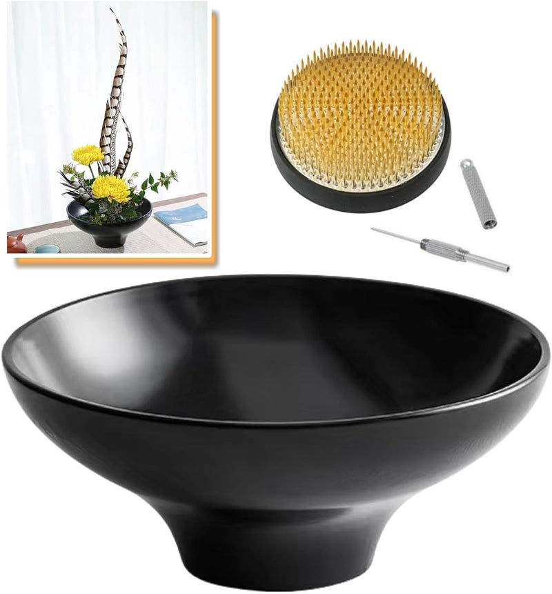 Eggone Japanese Ikebana Kit Floral Frog Japanese Flower Arranging Supplies Flower Container with Needle Straightening Tool & Kenzan - 2.4inch Flower Frog, Bowl Vase (Black Peacock) - Image 1